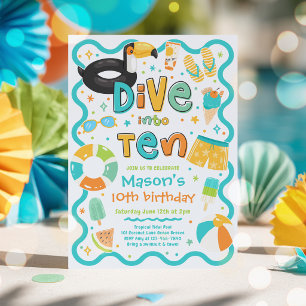 Dive Into Ten Summer Pool Party 10th Birthday Invitation