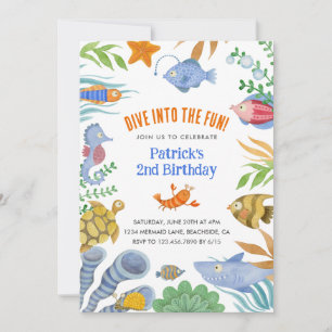 Dive Into the Fun Watercolor Sea Life 2nd Birthday Invitation