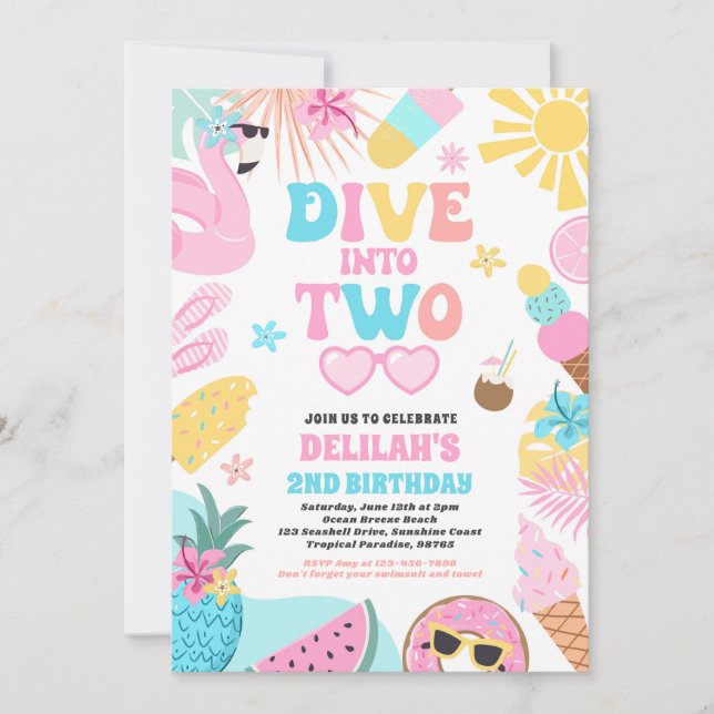 Dive Into Two Tropical Beach 2nd Birthday Party Invitation (Front)