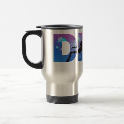 DIVE with scuba divers making the word  Travel Mug