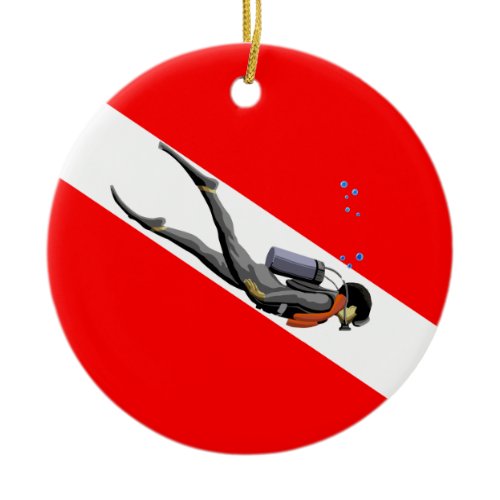 Diver And Dive Flag Ceramic Ornament