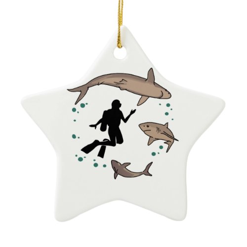 Diver And Sharks Ceramic Ornament