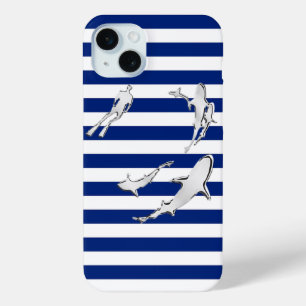 Diver and Sharks on Nautical Stripes iPhone 15 Plus Case