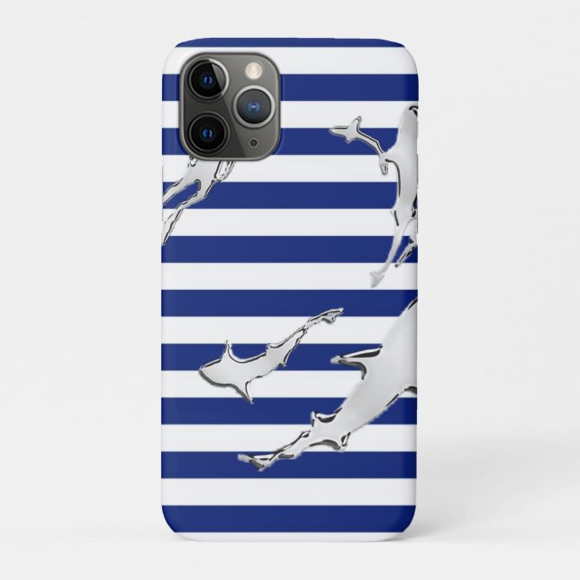 Diver and Sharks Silhouettes on Nautical Stripes Case-Mate iPhone Case (Back)