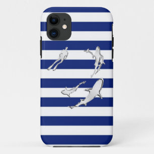 Diver and Sharks Silhouettes on Nautical Stripes iPhone 11 Case