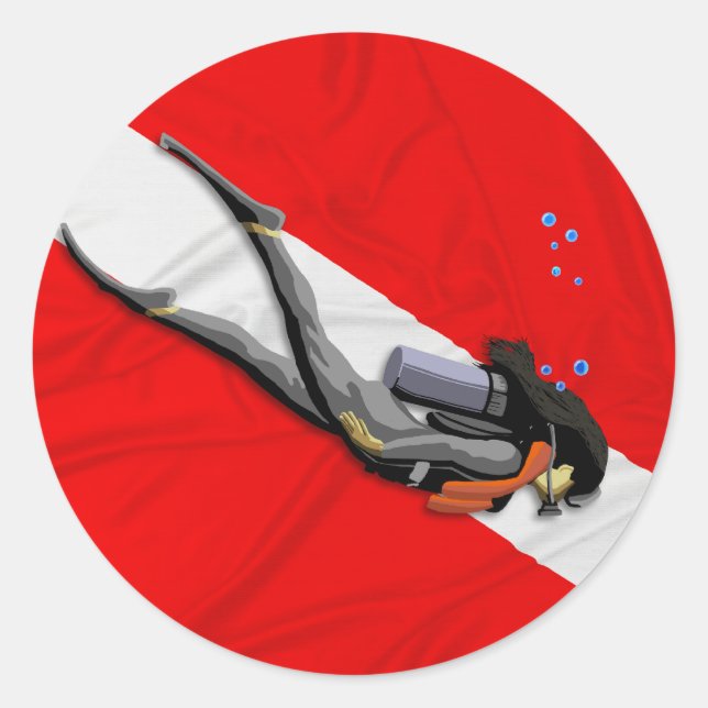 Diver And Wrinkled Dive Flag Classic Round Sticker (Front)