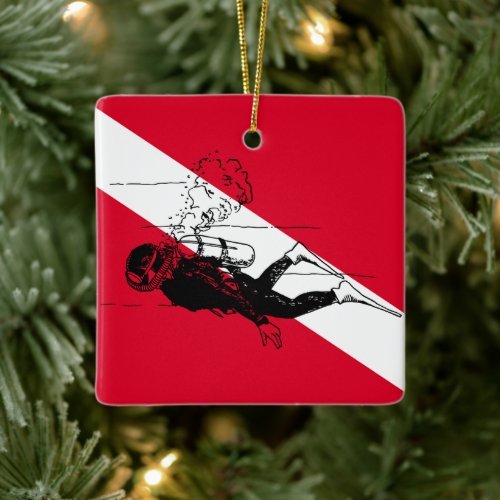 Diver down flag with retro diver illustration ceramic ornament