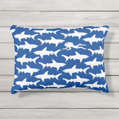 Diver in a School of Sharks Blue and White Funny Outdoor Pillow