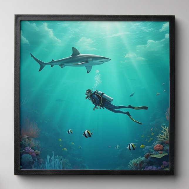 diver meets a shark peel and stick photo tile (Front Set)