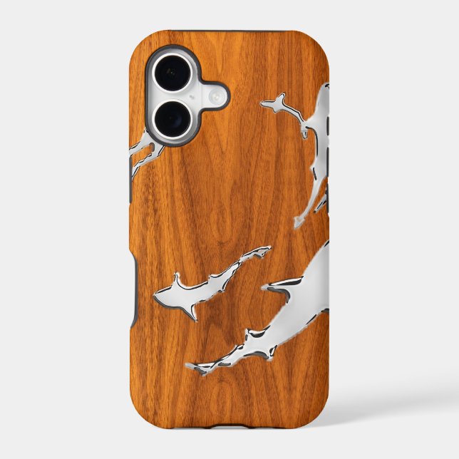 Diver with Sharks Silhouettes on Teak Veneer Case-Mate iPhone Case (Back)