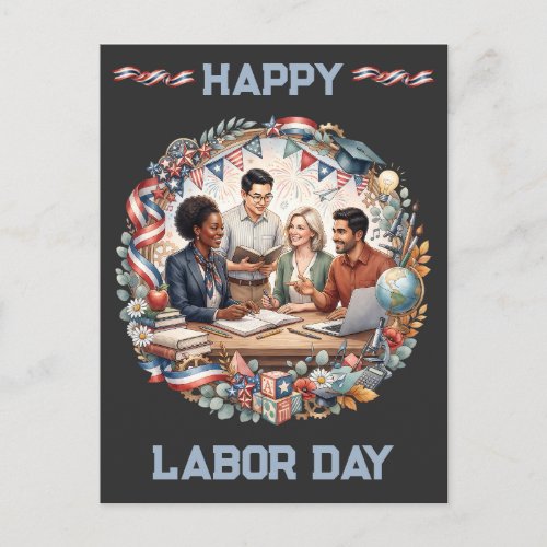 Diverse Educators Patriotic Labor Day Team Art Postcard