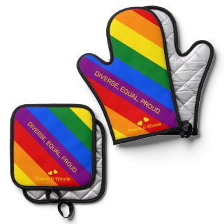 'Diverse, Equal, Proud.' LGBT Rainbow Flag Pride Oven Mitt & Pot Holder Set