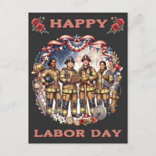 Diverse Firefighters Patriotic Labor Day Heroes Postcard