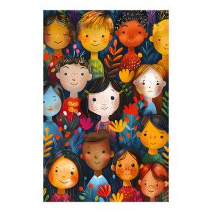 Diverse Happy Children Floral Pattern Illustration Photo Print