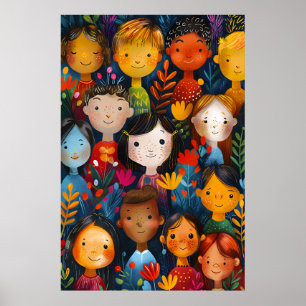 Diverse Happy Children Floral Pattern Illustration Poster