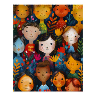 Diverse Happy Children Floral Pattern Illustration Poster
