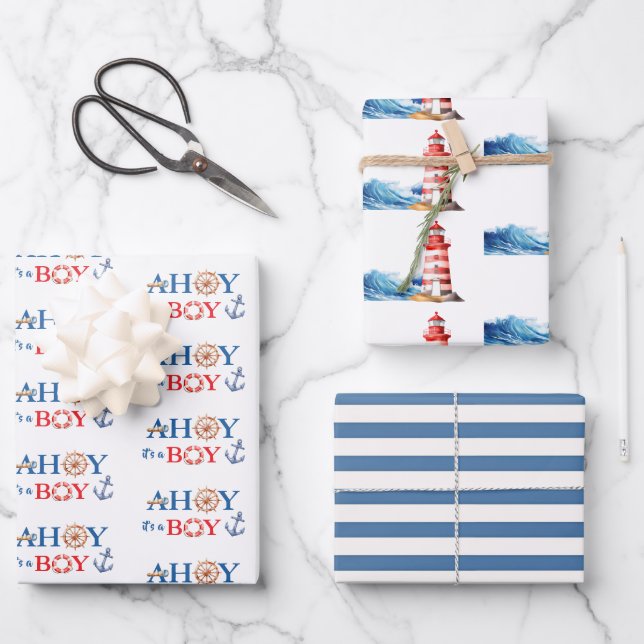 Diverse Nautical Ahoy Boy Lighthouse  Baby Shower Wrapping Paper Sheets (Front)