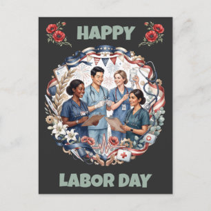 Diverse Nursing Team Patriotic Labor Day Art Postcard