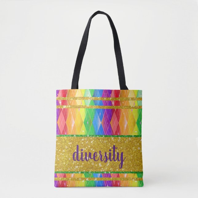 diversity glitter rainbow gay pride argyle tote bag (Front)