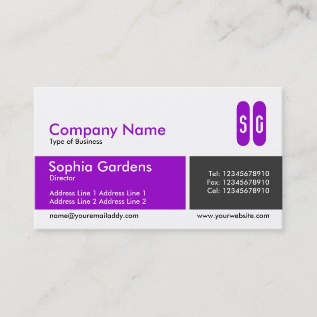 Divided Band Purple and Dark Gray - Initials Business Card (Front)