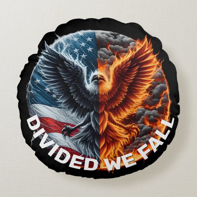 Divided We Fall Burning Flag and Eagle Round Pillow (Front)