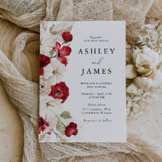 Divine Bloom: White & Red Gorgeous Floral Wedding Invitation
