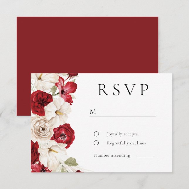 Divine Bloom: White & Red Gorgeous Floral Wedding RSVP Card (Front/Back)