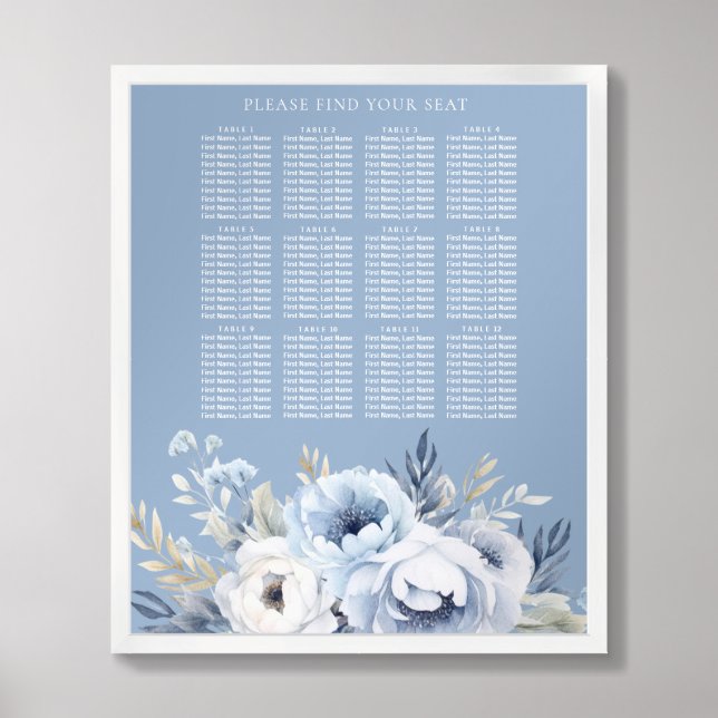 Divine Blue Gorgeous Floral Wedding Seating Chart (Framed Front)