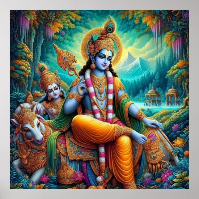 Divine Blue Spiritual Krishna Art Poster (Front)