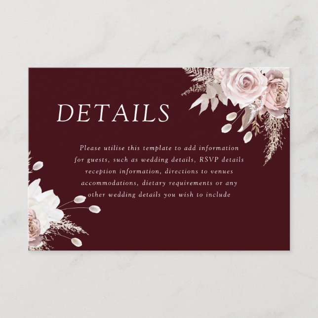 Divine Blush Floral Deep Burgundy Wedding Details Enclosure Card (Front)