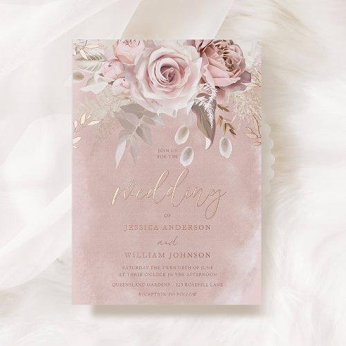 Divine Blush Floral Wedding Rose Gold Foil Invitation