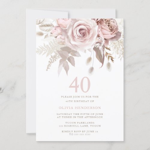 Divine Blush Pink Roses 40th Birthday Party Invitation