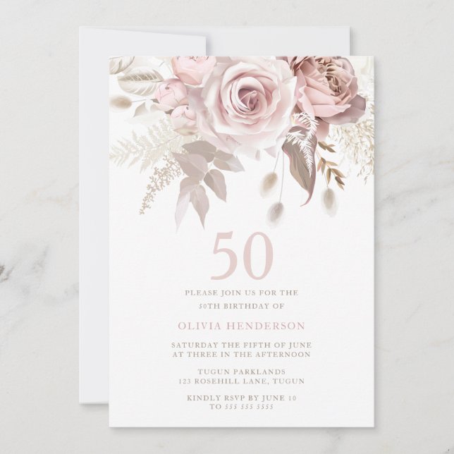 Divine Blush Pink Roses 50th Birthday Party Invitation (Front)