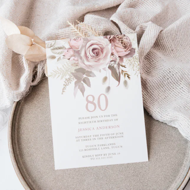 Divine Blush Pink Roses 80th Birthday Party Invitation | Zazzle