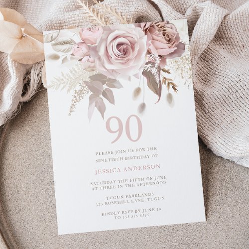 Divine Blush Pink Roses 90th Birthday Party Invitation