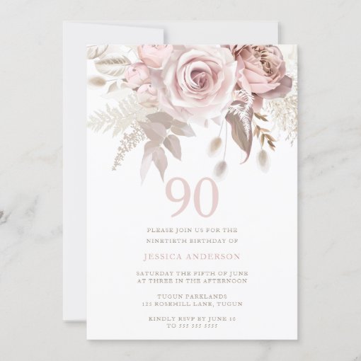 Divine Blush Pink Roses 90th Birthday Party Invitation | Zazzle