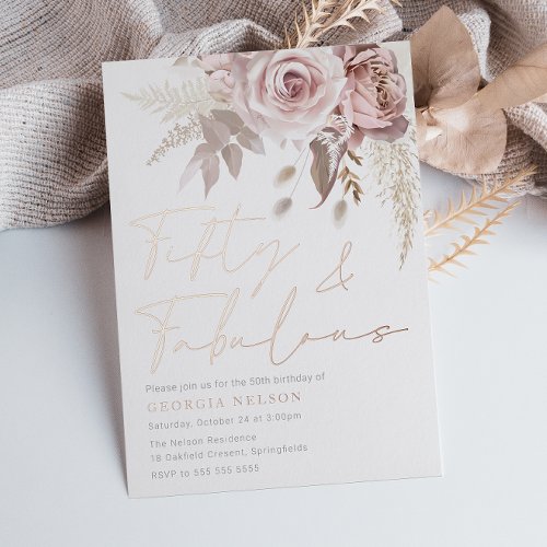 Divine Blush Rose Gold Foil 50th Birthday Party Foil Invitation