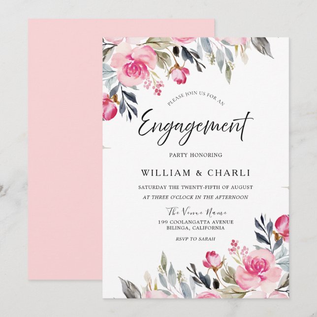Divine Blush Watercolor Floral Engagement Party Invitation (Front/Back)