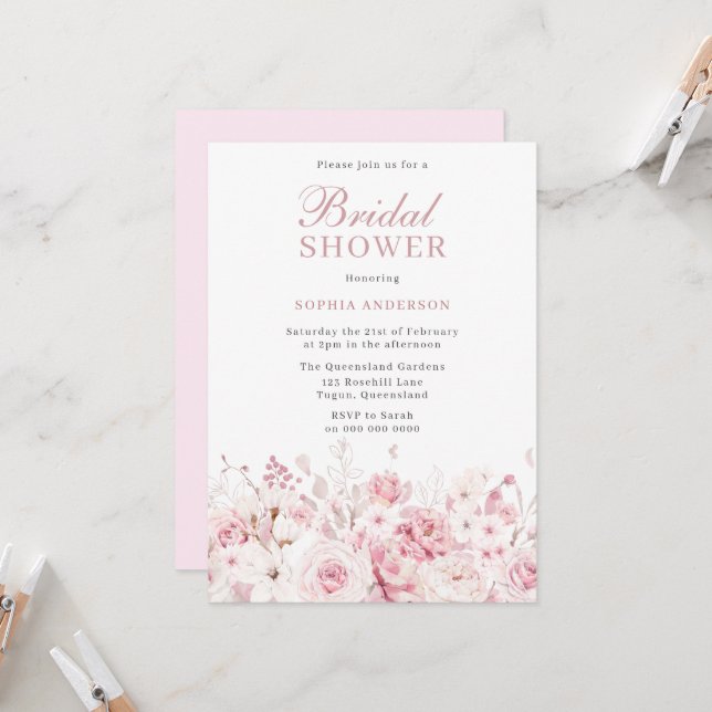 Divine Blush Watercolor Roses Bridal Shower Invitation (Front/Back In Situ)