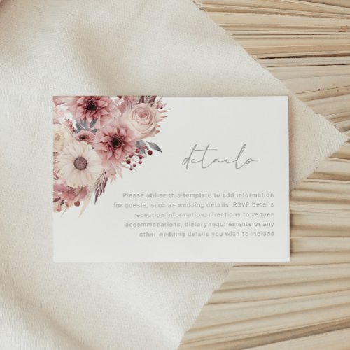 Divine Boho Blush  Rose Wedding Details Enclosure Card