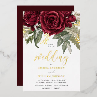 Divine Burgundy Roses & Gold Wedding Foil Invitation