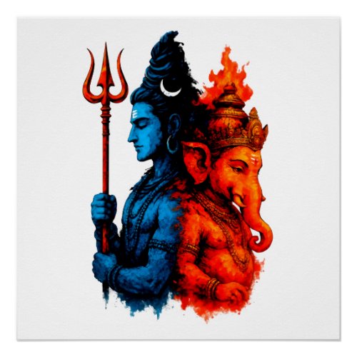 Divine Duality: Blue Shiva & Ganesha T-Shirt Poster