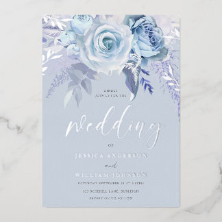 Divine Dusty Blue Floral Wedding Real Silver Foil Invitation