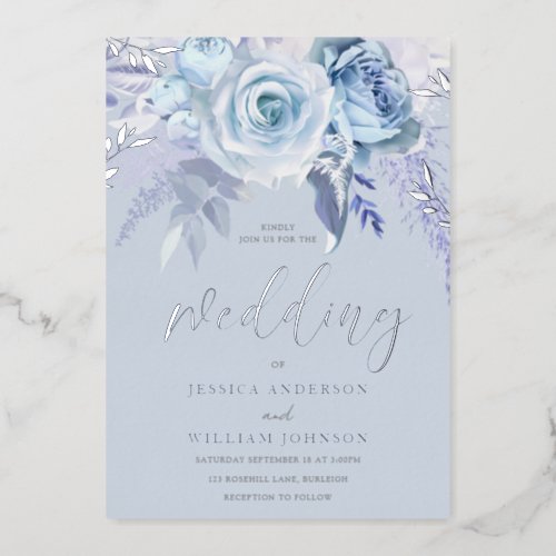 Divine Dusty Blue Floral Wedding Real Silver Foil Invitation