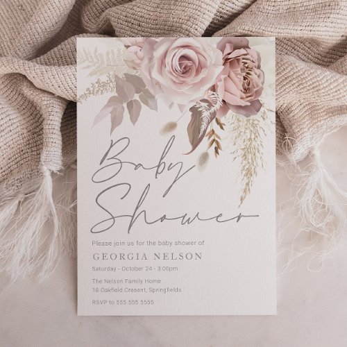 Divine Dusty Rose Blush Floral Baby Shower Invitation