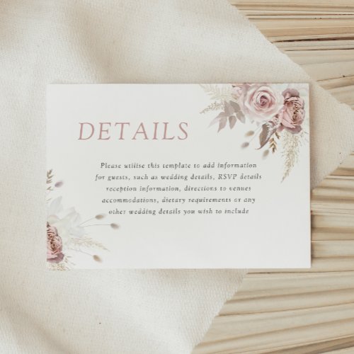 Divine Dusty Rose Blush Floral Wedding Details Enclosure Card