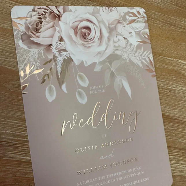 Divine Dusty Rose Blush Floral Wedding Rose Gold Foil Invitation Zazzle