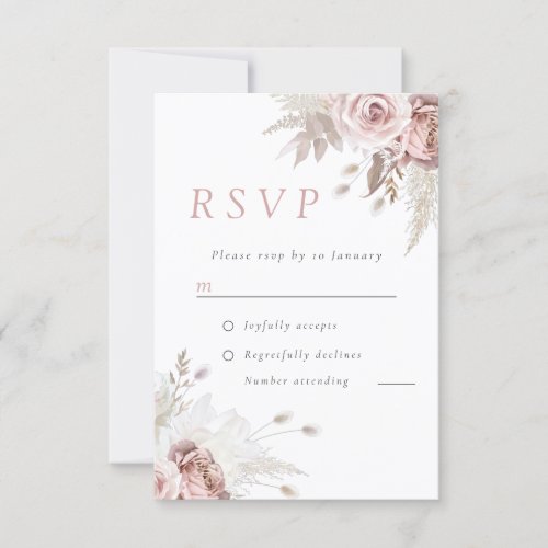 Divine Dusty Rose Blush Floral Wedding Vertical RSVP Card