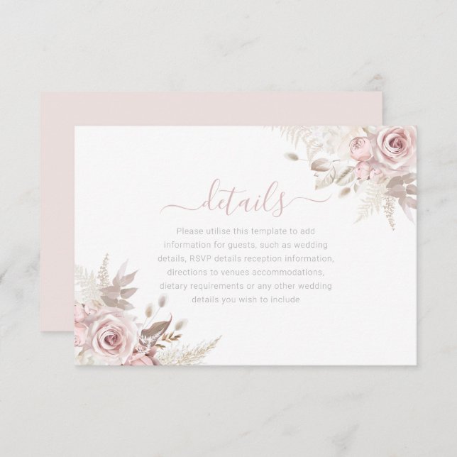 Divine Dusty Rose Blush & Ivory Wedding Details Enclosure Card (Front/Back)
