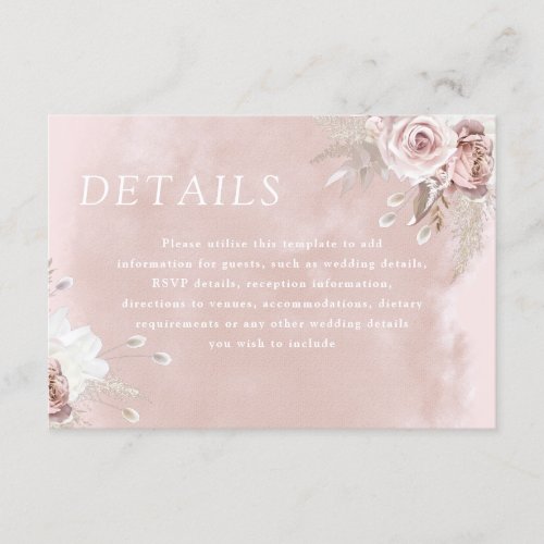 Divine Dusty Rose Blush Watercolor Wedding Details Enclosure Card